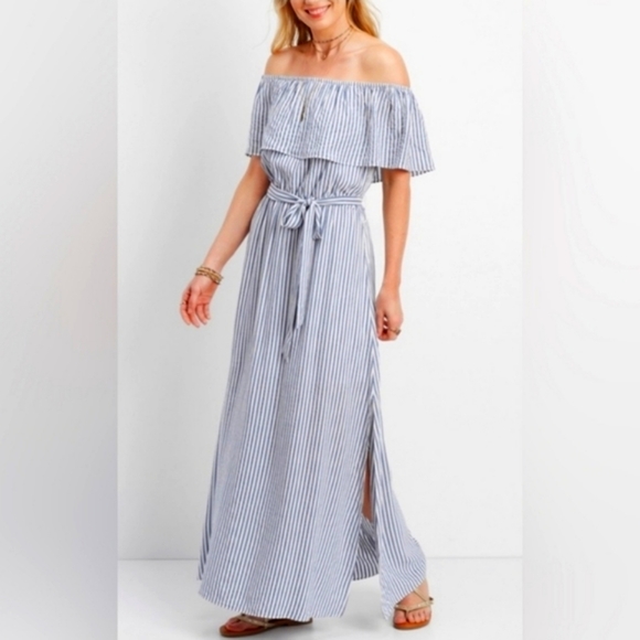 Maurices Maxi Striped Dress on or off shoulder - Picture 1 of 17